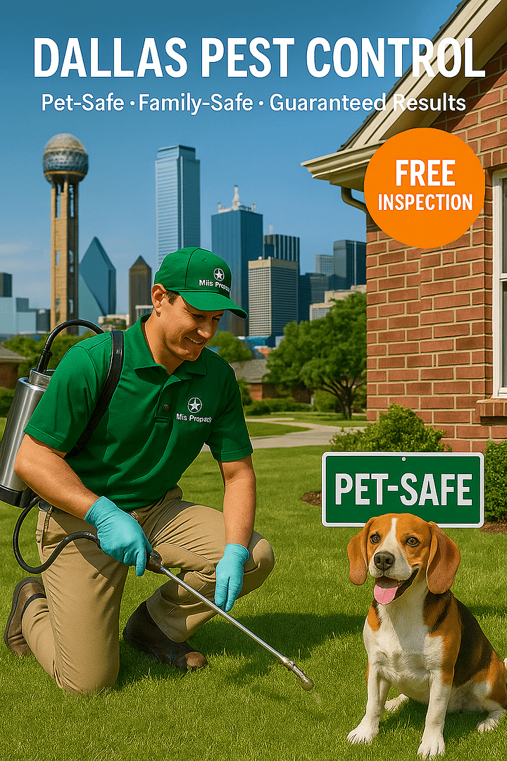 Miss Phoebe’s Dallas pest control technician treating a residential home using safe, pet-friendly methods in North Texas.